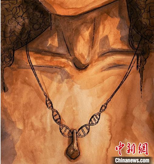 墜飾藝術(shù)再現(xiàn)圖，圖中吊墜繩為DNA螺旋樣式(圖片作者M(jìn)yrthe Lucas)?！∈┢樟指瘛ぷ匀?供圖