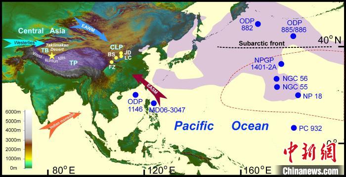 塔里木沙塵傳輸至北太平洋的路徑(陰影區(qū))及西昆侖山黃土巖芯位置(五角星)?！≈锌圃呵嗖馗咴?供圖