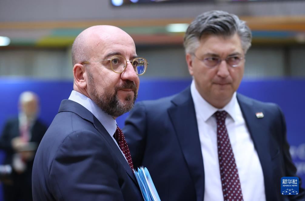 2月1日，歐洲理事會主席米歇爾（左）出席在比利時布魯塞爾舉行的歐盟特別峰會。新華社記者 趙丁喆 攝