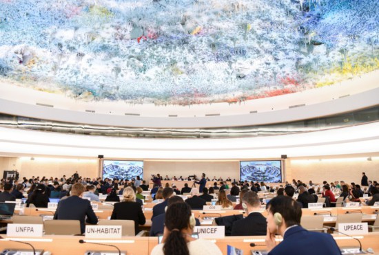 這是1月23日在瑞士日內(nèi)瓦拍攝的聯(lián)合國人權(quán)理事會第四輪國別人權(quán)審議現(xiàn)場。新華社記者連漪攝