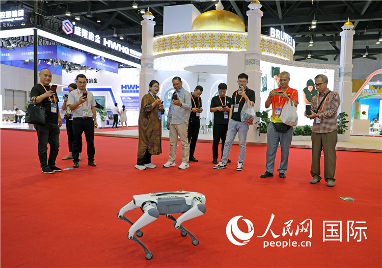 東博會上，觀眾正在參觀一只機(jī)器狗。綠色能源、新能源汽車、綠色農(nóng)產(chǎn)品等成為本屆東博會觀眾關(guān)注的焦點(diǎn)。人民網(wǎng)記者 趙益普攝