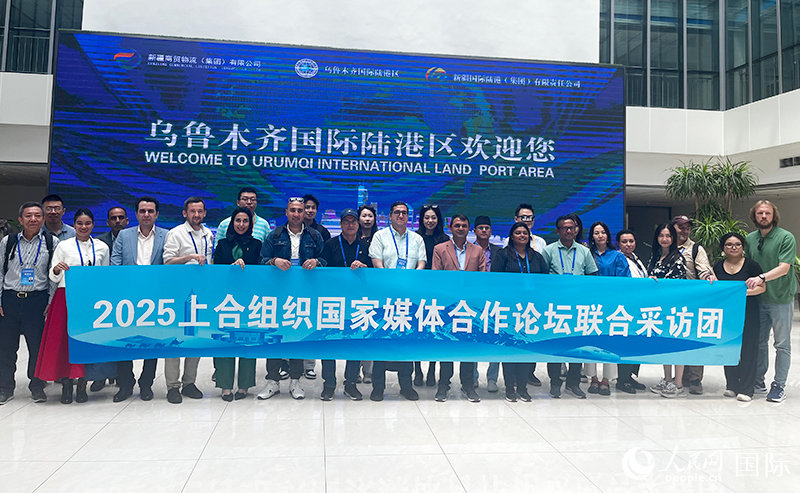 5月26日，外國媒體人在烏魯木齊國際陸港區(qū)合影留念。 人民網(wǎng)記者 翟轉麗攝