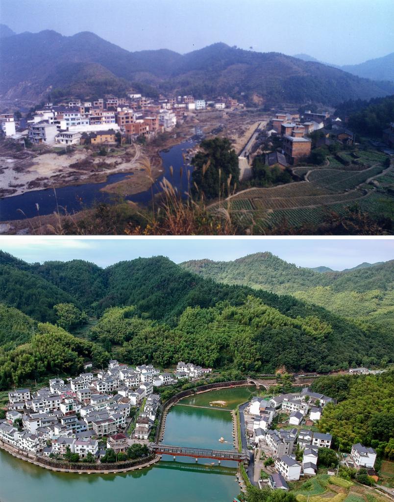 圖為浙江省杭州市淳安縣楓樹嶺鎮(zhèn)下姜村拼版圖，其中上圖為資料照片、下圖由新華社記者張鋮攝。