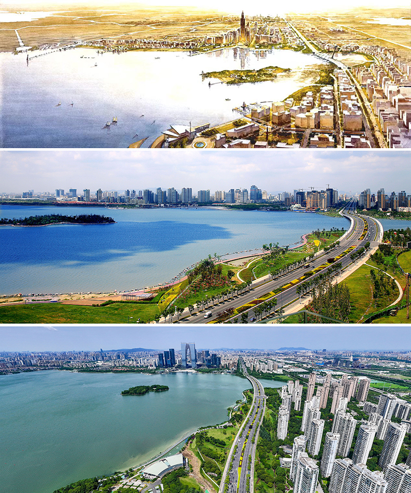 拼版照片：上圖為1994年繪制的蘇州工業(yè)園區(qū)手繪規(guī)劃圖；中圖為2007年拍攝的蘇州工業(yè)園區(qū)；下圖為2023年7月4日用無人機拍攝的蘇州工業(yè)園區(qū)。