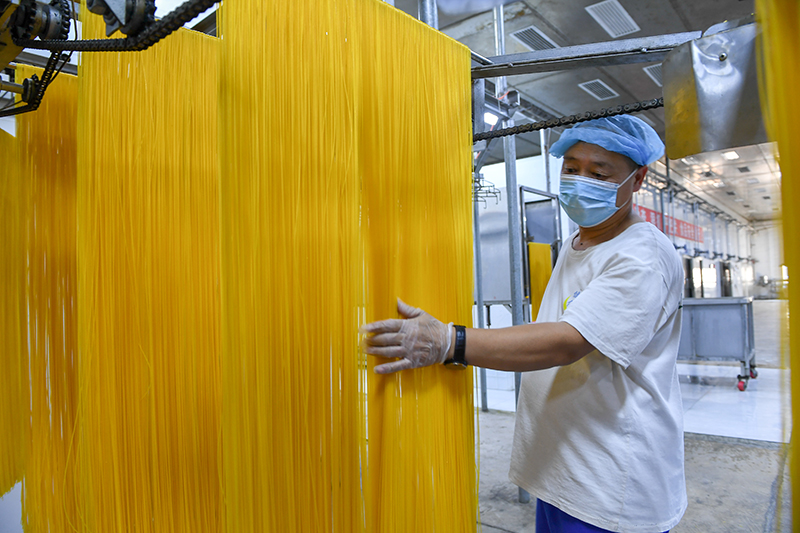 2024年1月25日，在吉林省公主嶺市的一家公司車間，工人查看玉米面條生產(chǎn)情況。