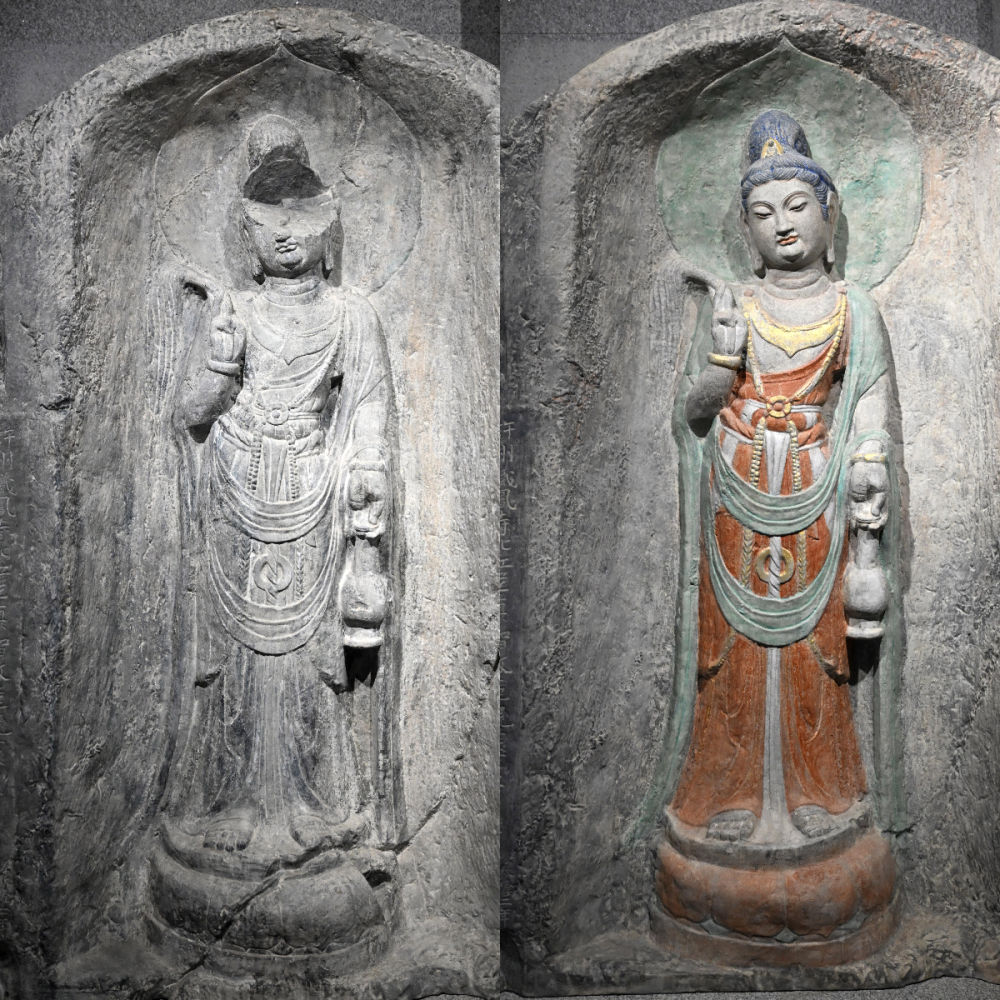 左圖為龍門(mén)石窟萬(wàn)佛洞窟前南壁菩薩造像的3D打印模型；右圖為利用數(shù)字化技術(shù)復(fù)原后的3D打印模型（2025年4月10日攝，拼版照片）。復(fù)原后的像龕精妙絕倫，栩栩如生，被游客譽(yù)為“龍門(mén)最美菩薩”。圖片來(lái)源新華社
