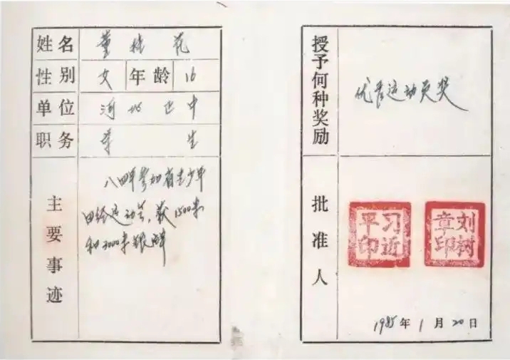 圖為1985年1月，時(shí)任正定縣委書記的習(xí)近平為參賽運(yùn)動(dòng)員頒發(fā)的“優(yōu)秀運(yùn)動(dòng)員獎(jiǎng)”。