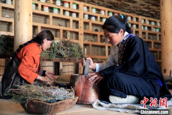 藥材搗碎。　王磊 攝