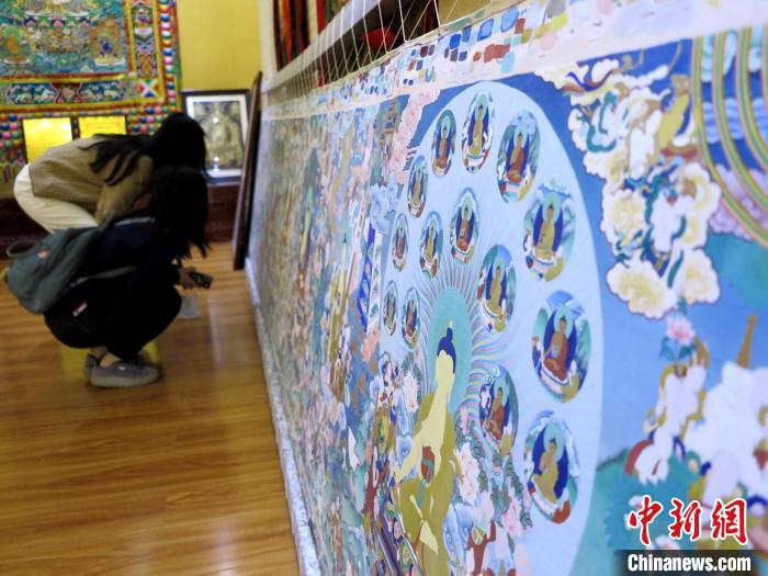 圖為民眾參觀半成品的唐卡?！?zhí)砀?攝
