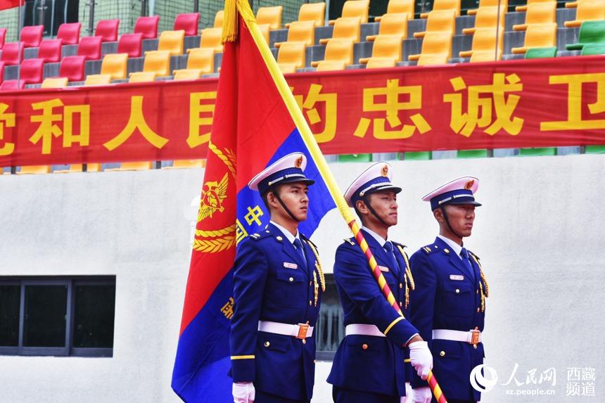 迎國家綜合性消防救援隊伍隊旗。人民網(wǎng) 李海霞 攝