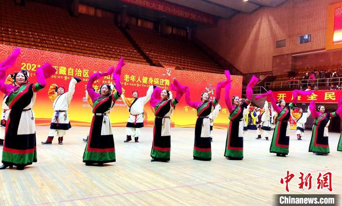 圖為西藏老年舞蹈隊(duì)齊跳傳統(tǒng)鍋莊舞?！∝暽＠?攝