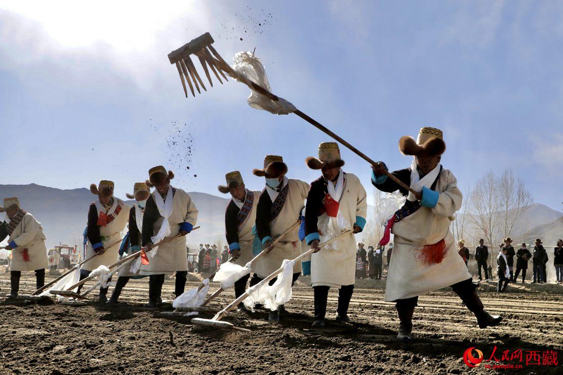 當(dāng)?shù)卮迕裆碇?jié)日盛裝，舉行春耕儀式。人民網(wǎng) 次仁羅布攝