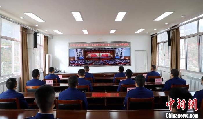 圖為西藏昌都市森林消防支隊收看二十大開幕直播?！⌒焖寂?攝