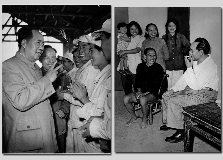 左圖：1959年，毛主席在安徽視察工廠時，同煉鋼工人親切談話。右圖：1959年，毛主席在湖南視察韶山，同貧農(nóng)社員親切談話。